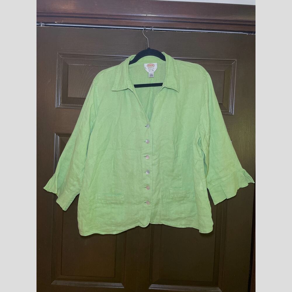 Talbots Irish Linen Light Green Button Down Shirt Plus 16W 3/4 Sleeve Coastal